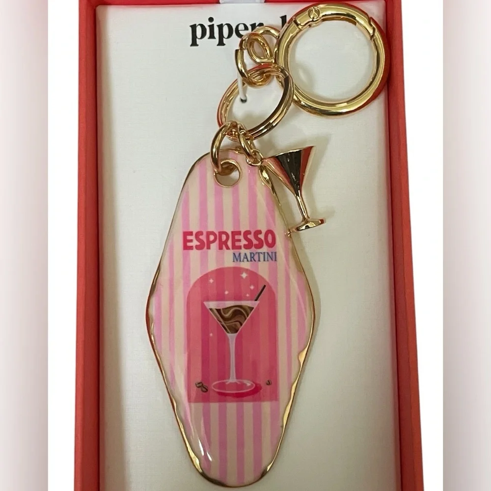 PIPER K Gold-Tone Keychain Bag Charm Espresso Martini Pink Stripes